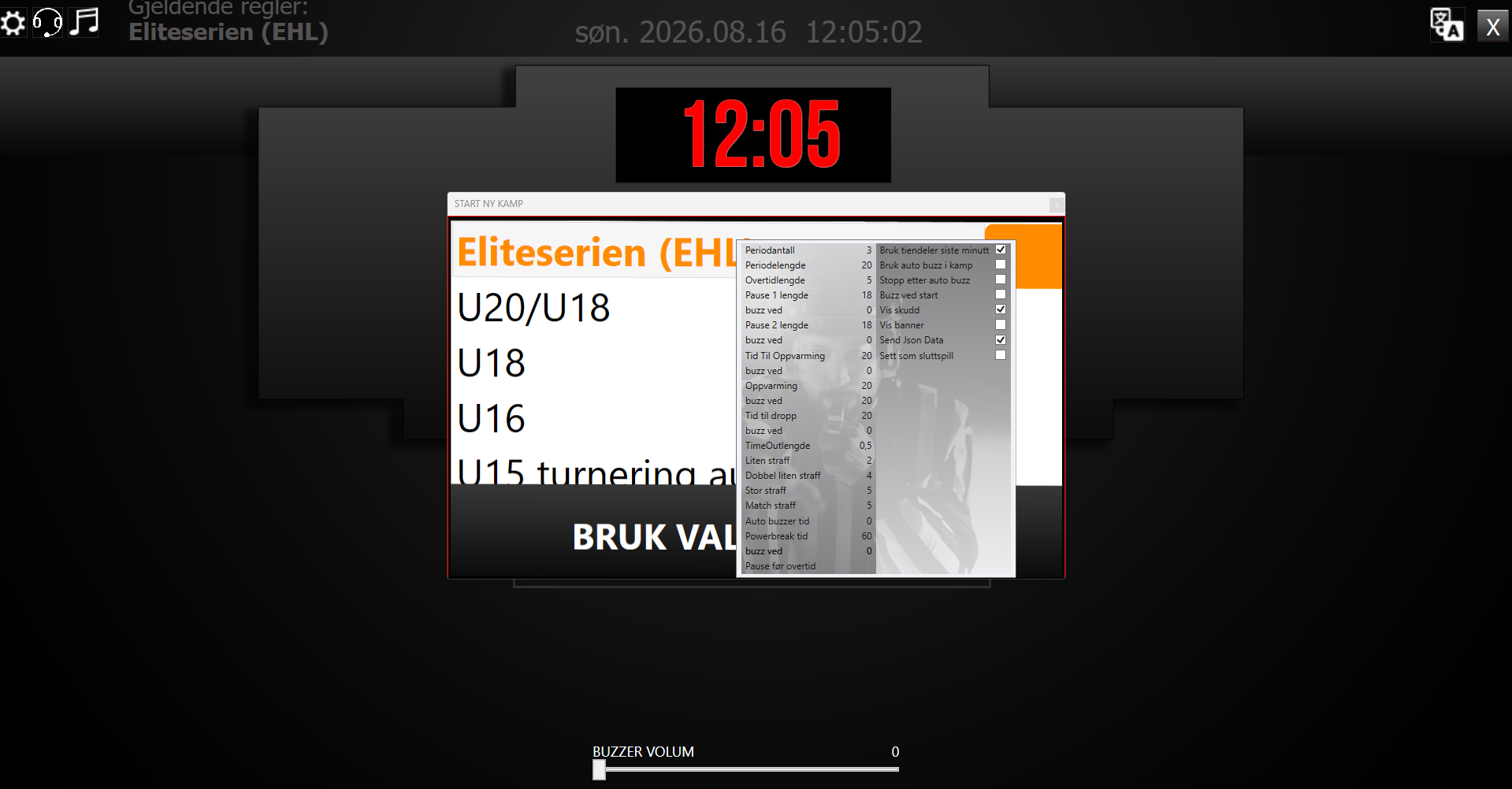 HockeyScores konfigurasjon av regler for Eliteserien med tideler siste minutt